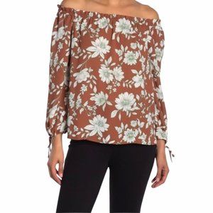 Gibson Off the Shoulder Brown Chestnut Bloom Floral Retro Blouson Blouse Top M